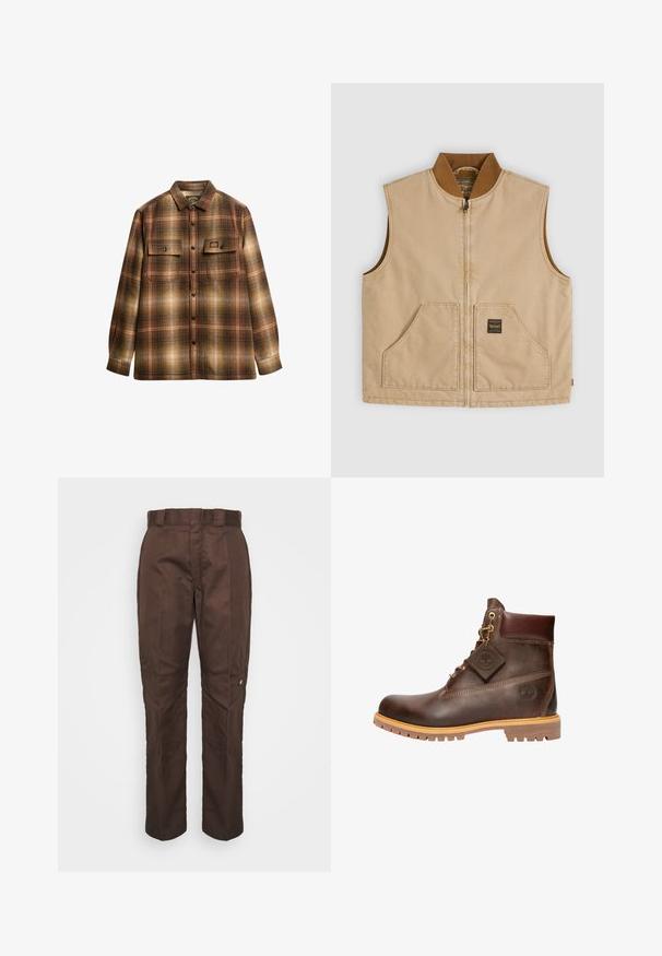 Beige ærmeløs vest med lynlås, brun ribbekrave og to forlommer, hvoraf den ene har et lille firkantet sort mærke.; Brun og beige ternet langærmet skjorte med knapper, to frontlommer med klap og krave.; Brune, lige bukser med en glat tekstur. Har beltestropper, sidesømme og et lille mærke-logo på venstre ben.; Brun læder ankelstøvle med rund tå, solid sål, hardware i guldtone og en tekstureret overdel. Inkluderer et logo-tagfæstet.