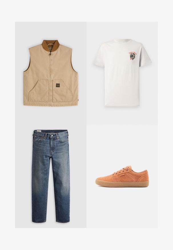 Beige ärmellose Weste mit Reißverschluss, braunem geripptem Kragen und zwei Fronttaschen, eine davon mit einem kleinen schwarzen quadratischen Etikett.; Hellbeige Baumwoll-T-Shirt mit Rundhalsausschnitt, kurzen Ärmeln und einem schwarzen Hundemotiv mit dem Aufdruck "RIDE the RAILS" in orangefarbener Schrift.; Dunkelblaue Jeans aus Denim mit lockerem Sitz, geraden Beinen, Fünf-Taschen-Design und dezentem Used-Look an den Oberschenkeln. Silberner Knopf und Nieten.; Sandfarbene Wildledersneaker mit texturiertem Obermaterial, runder Zehenpartie und Gummisohle. Verfügt über eine Schnürdesign und gestickte Akzente an den Seiten.
