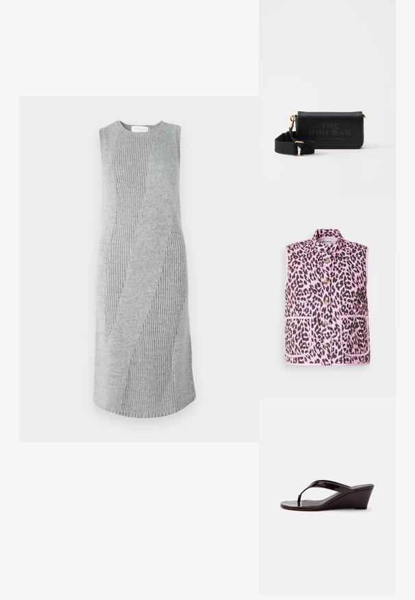 Gilet sans manches matelassé en rose avec un imprimé léopard noir, présentant des boutons dorés, deux poches avant et une bordure contrastante.; Robe grise en tricot avec un motif texturé en zigzag. Design sans manches, longueur genou, mettant en avant des sections de tissu côtelé et lisse.; Sandale compensée en cuir verni marron avec bride entre les orteils et bout ouvert, vue de profil sur un fond uni.; Mini sac en cuir noir avec logo embossé "THE MINI BAG" et "MARC JACOBS." Comprend une bandoulière amovible et des accents en métal doré.