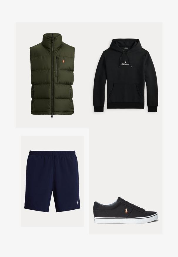 Tummanvihreä toppaliivi korkealla kauluksella, edessä vetoketju, rintatasku, sivutaskut ja pieni kirjailtu logo rinnassa.; Musta Ralph Lauren huppari, jossa on etupuolella kengurupussi, nauhakuva, ja valkoinen brodeerattu logo ja teksti rinnassa.; Laivastonsiniset uimashortsit, jotka on valmistettu kevyestä kankaasta. Niissä on joustava vyötärönauha ja pienellä kirjotulla logolla koristeltu alaosan oikea lahje.; Musta matalakärkinen tennari, jossa valkoinen pohja ja ommeltu polopelaajan logo sivulla, nauhallinen kiinnitys ja teksturoitu kangaspäällinen.