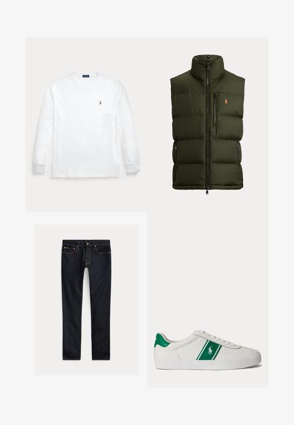 Mørkegrøn fleecevest uden ærmer med høj krave, lynlås foran, brystlomme, sidelommer og lille broderet logo på brystet.; Hvid langærmet rundhalset skjorte med lille broderet Polo Ralph Lauren-logo på venstre bryst.; Mørkeblå slim-fit jeans med fem lommer, knaplukning og kontrastsyning lagt fladt på en lys baggrund.; Hvid low-top sneaker med grøn stribe og Polo-logo på siden, grøn hæl-flik og hvide snørebånd, vist fra venstre side på ensfarvet baggrund.