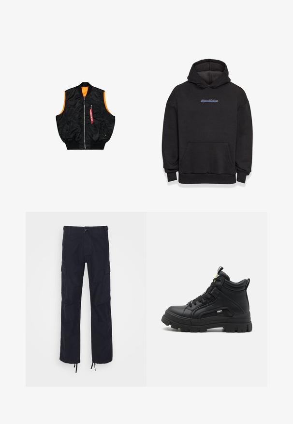 Sort bombervest med orange inderside, lynlås lukning, sidelommer og en lille lomme med rød mærke detaljer. Glat, skinnende stof.; Sort hætte sweatshirt lavet af en blanding af bomuldsstof. Har en frontlomme og et logo i blå og rød. Ribbekanter ved håndleddene og kanten.; Sorte cargo-bukser med en afslappet pasform, der har sidelommer, en knaplukning og justerbare manchetter. Fremstillet af slidstærkt bomuldsstof.; Sorte sneakers støvler lavet af tekstureret læder, med en tyk gummisål, snørebånd foran og en lille logo detalje på siden.