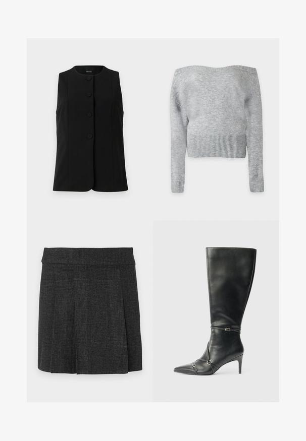 Gilet sans manches noir en tissu lisse, avec un col rond et cinq boutons ronds sur le devant.; Pull tricoté gris clair à épaules dénudées avec manches longues et large bord-côte au bas et aux poignets, présenté sur un fond uni.; Jupe noire plissée en tissu texturé. Ceinture mi-haute avec des lignes épurées. Coupe classique adaptée à diverses occasions.; Bottes noires en cuir montant jusqu'au genou, avec un talon fin, un bout pointu et des détails de lanière à la cheville. Texture lisse et design ajusté.