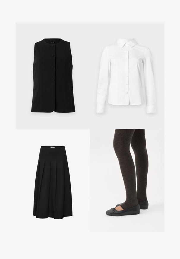 Chaleco sin mangas negro, hecho de una tela suave, con un escote redondeado y cinco botones circulares en la parte delantera.; Camisa blanca de manga larga con botones, cuello puntiagudo, bajo recto y silueta ajustada, presentada sobre un fondo claro y liso.; Falda midi plisada negra hecha de una tela suave. Presenta una cintura alta y una silueta fluida con pliegues bien cosidos.; Piernas con leggings oscuros acanalados combinados con bailarinas negras que presentan pequeños detalles de lazo sobre un fondo blanco.