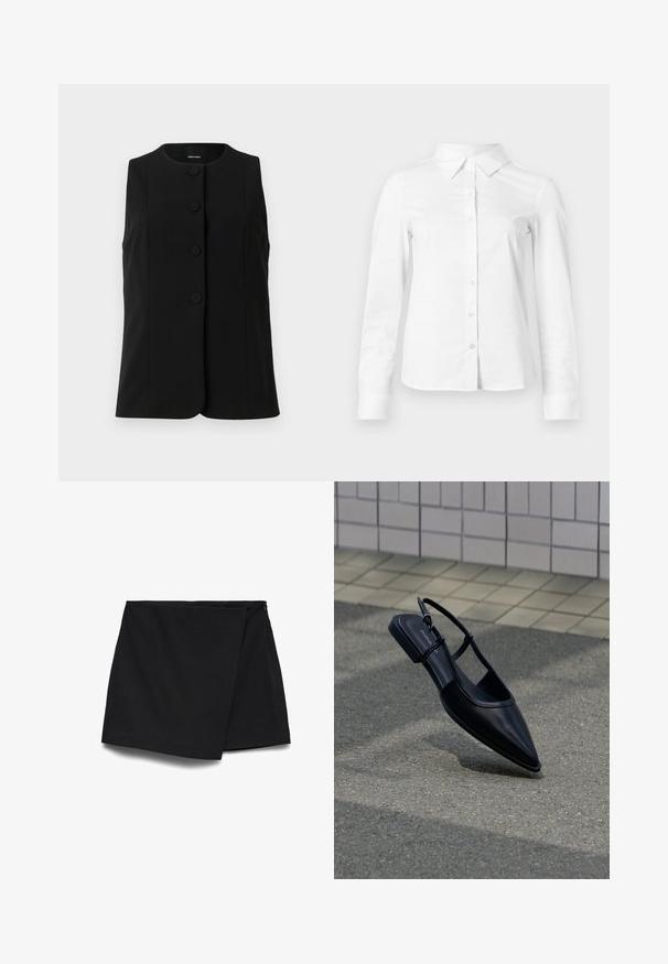 Gilet sans manches noir en tissu lisse, avec un col rond et cinq boutons ronds sur le devant.; Chemise blanche à manches longues avec boutons, col pointu, ourlet droit et silhouette ajustée, présentée sur un fond clair uni.; Mini-jupe asymétrique noire avec devant drapé et fermeture éclair latérale.; Chaussure plate noire à bout pointu avec bride arrière, flottant au-dessus d'une surface en bitume à côté d'un trottoir carrelé.