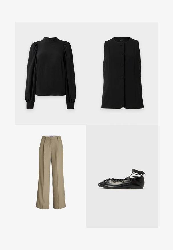 Gilet sans manches noir en tissu lisse, avec un col rond et cinq boutons ronds sur le devant.; Chemisier noir à manches longues avec col haut, épaules bouffantes et poignets ajustés, présenté sur un fond blanc.; Pantalons larges beiges avec taille haute, plis sur le devant et une texture de tissu lisse. Design classique avec une finition soignée.; Ballerines en cuir verni noir avec un bout rond, un design à lacets et une semelle plate. Texture lisse avec peu de détails.