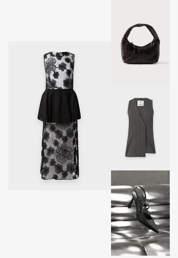 Ärmellose Weste aus dunkelgrauem Stoff mit einem Wickeldesign. Sie hat klare Linien, eine leicht strukturierte Oberfläche und ein Etikett am Kragen.; Schwarzes Kleid mit einem Spitzenoverlay und Blumenmustern, Taillierung mit Peplum, ärmellosem Design und einem langen, fließenden Silhouette.; Schwarzer High-Heel-Schuh mit spitzer Spitze und offenem Fersenbereich. Verfügt über einen dünnen Knöchelriemen und eine strukturierte Sohle. Elegantes, minimalistisches Design, unterstrichen durch einen glänzenden metallischen Hintergrund.; Geflochtene Lederhandtasche in Dunkelbraun, abgerundete Form mit einem dicken geflochtenen Griff. Verfügt über einen Reißverschluss und dezentes Branding an der Seite.