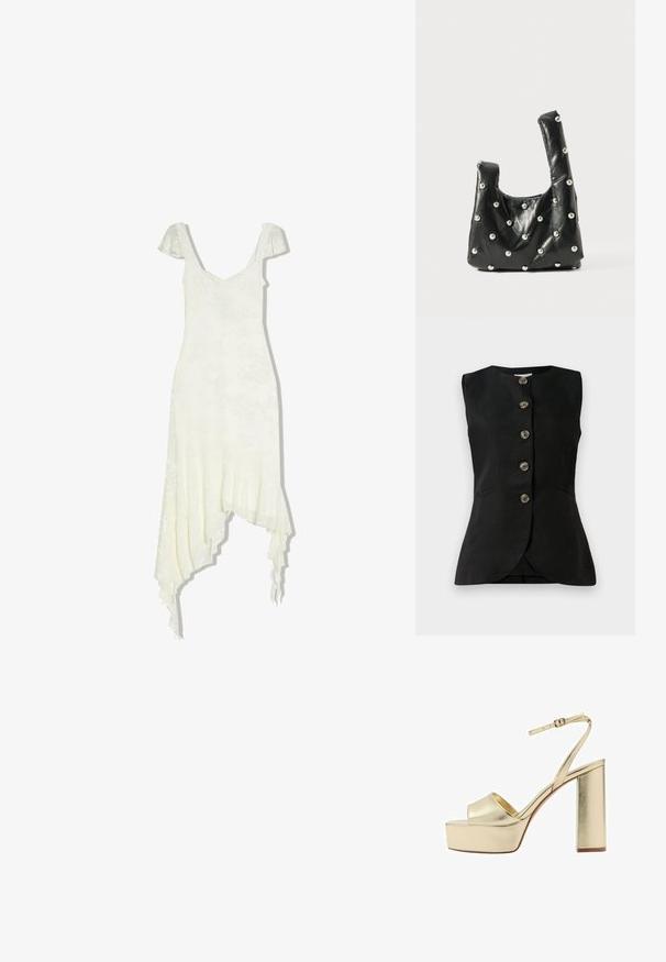 Gilet sans manches noir avec un col rond, fermeture à boutons sur le devant et deux poches latérales. Texture lisse avec un léger éclat.; Robe en dentelle florale ivoire clair avec manches volantées, encolure en V, corsage ajusté et ourlet asymétrique à volant.; Sandale à plateforme dorée à talon haut avec bout ouvert, bride cheville et talon bloc épais sur fond blanc.; Sac en cuir noir avec une texture douce, doté de poignées supérieures arrondies et d'accents métalliques en forme de perle sur la surface. Forme compacte et structurée.