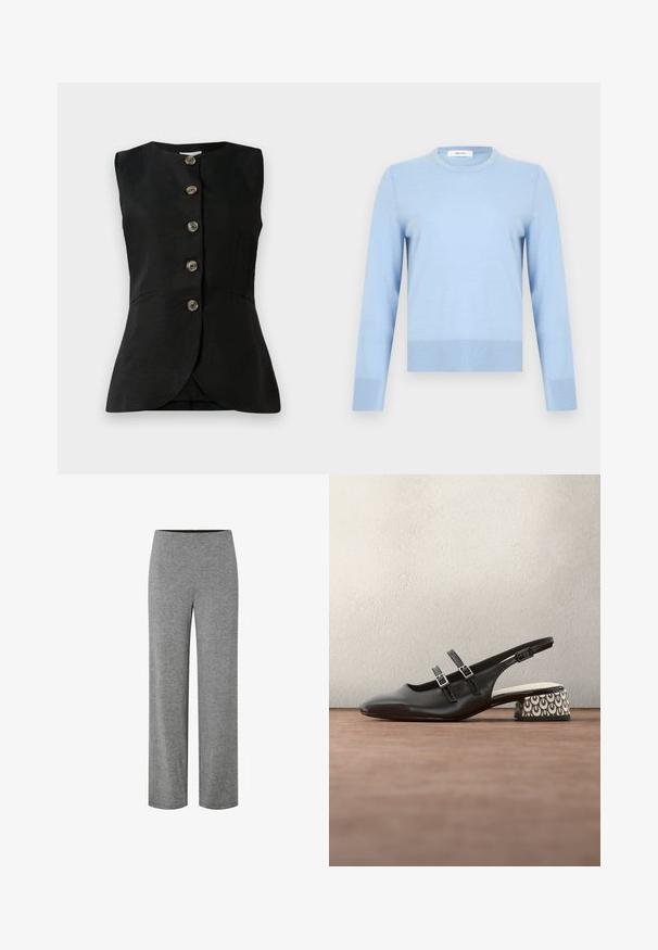 Gilet sans manches noir avec un col rond, fermeture à boutons sur le devant et deux poches latérales. Texture lisse avec un léger éclat.; Pull à manches longues bleu clair avec col rond, poignets et bas côtelés, présenté sur un fond blanc uni.; Pantalon droit en tricot gris avec taille élastique, conçu pour une tenue décontractée ou de détente.; Chaussure à talon slingback en cuir noir avec double sangle, présentant un talon bloc noir et blanc à motif et un bout lisse et arrondi.