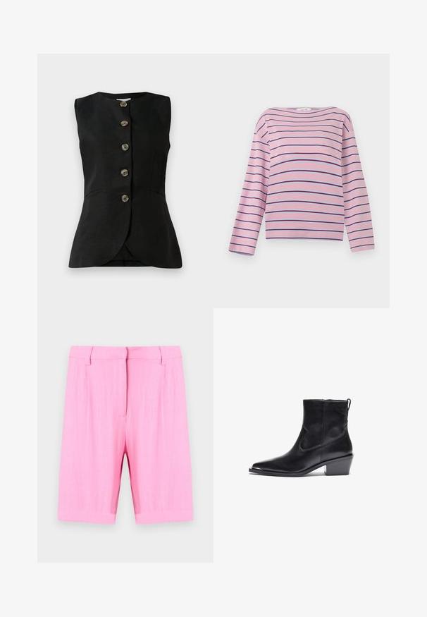Gilet sans manches noir avec un col rond, fermeture à boutons sur le devant et deux poches latérales. Texture lisse avec un léger éclat.; Chemise rose à manches longues avec des rayures horizontales fines de couleur violet foncé et clair, col rond et coupe décontractée.; Shorts roses longueur genou, cintrés, avec passants pour ceinture et fermeture avant dissimulée, présentés sur un fond clair uni.; Botte de cheville en cuir noir avec un bout pointu et un petit talon carré. Présente une fermeture éclair latérale et des détails de couture minimaux pour un design épuré.