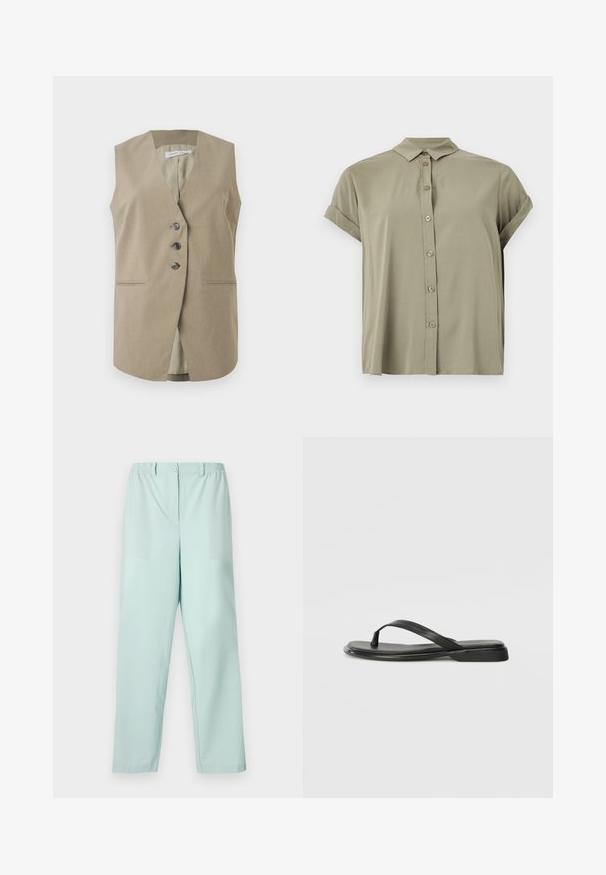 Gilet beige sans manches avec trois boutons sur le devant et deux poches horizontales fendues, conçu pour un look formel ou décontracté élégant.; Chemise à manches courtes, verte olive, avec boutons, fabriquée en tissu léger, dotée d'un col classique et de poignets retroussés.; Pantalons vert menthe clair avec une taille élastique, une fermeture à bouton à l'avant, deux poches avant et des jambes droites. Texture de tissu lisse.; Tongs noires en cuir lisse, avec un design de sangle fine et une semelle plate à profil minimal. Aucun motif ou accent notables.