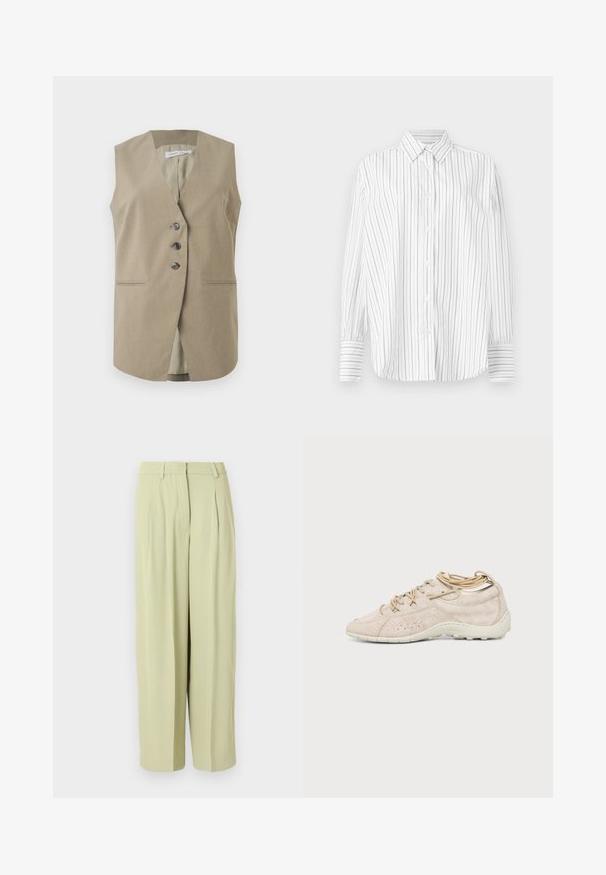 Gilet beige sans manches avec trois boutons sur le devant et deux poches horizontales fendues, conçu pour un look formel ou décontracté élégant.; Chemise blanche à manches longues avec des fines rayures verticales noires et un col pointu, présentée sur un fond uni.; Pantalon large taille haute beige clair avec plis, passants pour ceinture et fermeture éclair à l'avant.; Baskets décontractées beige clair avec surface texturée, design à lacets et semelle en caoutchouc blanche vues de côté sur un fond uni.