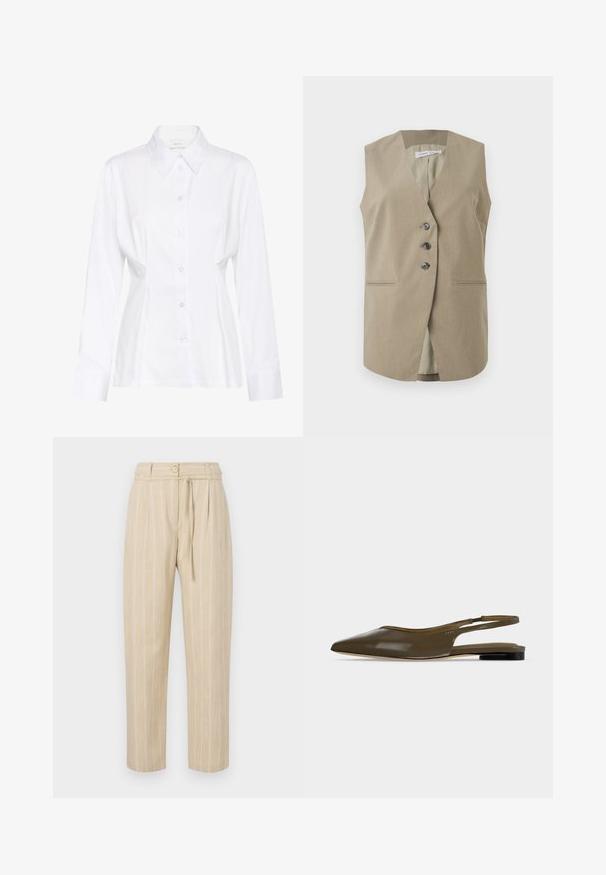 Gilet beige sans manches avec trois boutons sur le devant et deux poches horizontales fendues, conçu pour un look formel ou décontracté élégant.; Blouse blanche à manches longues avec col pointu, taille cintrée et étiquette de marque visible "Gestuz" à l'intérieur du col.; Pantalon beige à rayures avec une coupe décontractée, présentant une taille cintrée, une fermeture à bouton et une ceinture à nouer, fabriqué à partir d'un tissu léger.; Chaussure plate à bout pointu vert olive avec bride arrière, talon noir bas et finition lisse et brillante.