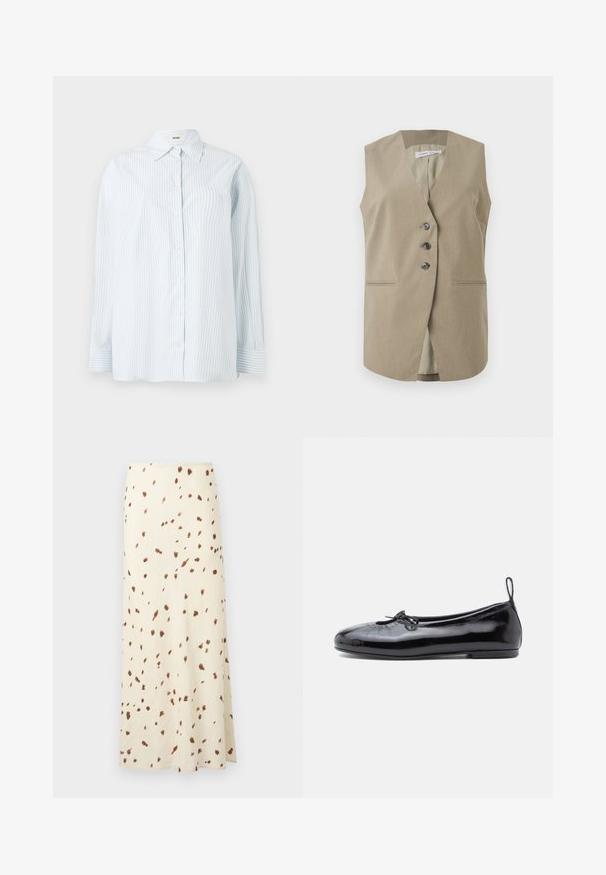 Chaleco sin mangas beige con tres botones frontales y dos bolsillos horizontales de corte elegante, diseñado para un look formal o de negocios informal.; Camisa de botones de rayas azul claro, hecha de una tela con textura suave; cuenta con un cuello clásico y mangas largas con puños de botón.; Falda larga crema con manchas marrones irregulares dispersas, hasta el tobillo y de corte recto.; Bailarinas de charol negro con punta redonda, pequeño detalle de lazo y textura suave; cuentan con una suela plana baja y una pestaña en el talón.