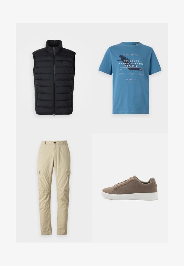 Gilet matelassé noir avec un col haut, fermeture éclair sur le devant et deux poches latérales. Présente un motif matelassé cousu et un petit logo sur la poitrine.; T-shirt en coton bleu à manches courtes, avec un texte graphique et un motif d'avion sur le devant. Col rond et coupe régulière.; Pantalons cargo beiges en tissu léger, dotés de plusieurs poches, d'une fermeture à bouton et d'un design de jambe fuselée. Texture lisse.; Baskets en daim marron avec des semelles en caoutchouc blanc plat, design lacé, bout rond et texture lisse. Style minimaliste avec des détails de couture subtils.