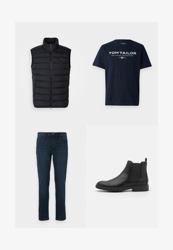 Musthave must vest, mille kõrge kraega, lukuga esiosa ja kahe küljetaskuga. Omab tikitud kootud mustrit ja väikest logo rinnal.; Tumesinine puuvillane T-särk, millel on erksad valged kirjad: "TOM TAILOR THE CASUAL DEPARTMENT 1962." Lühikesed varrukad ja ümar kaeluse disain.; Tumedat sinised teksased sirge lõikega, viie taskuga, nööbiga sulgemisega ja ees kerge pleekimisega.; Mustat nahast Chelsea saapad elastsete külgpaneelide ja tõmbeotsaga, ümarate varvaste ja tekstuurse kummitaldiga.