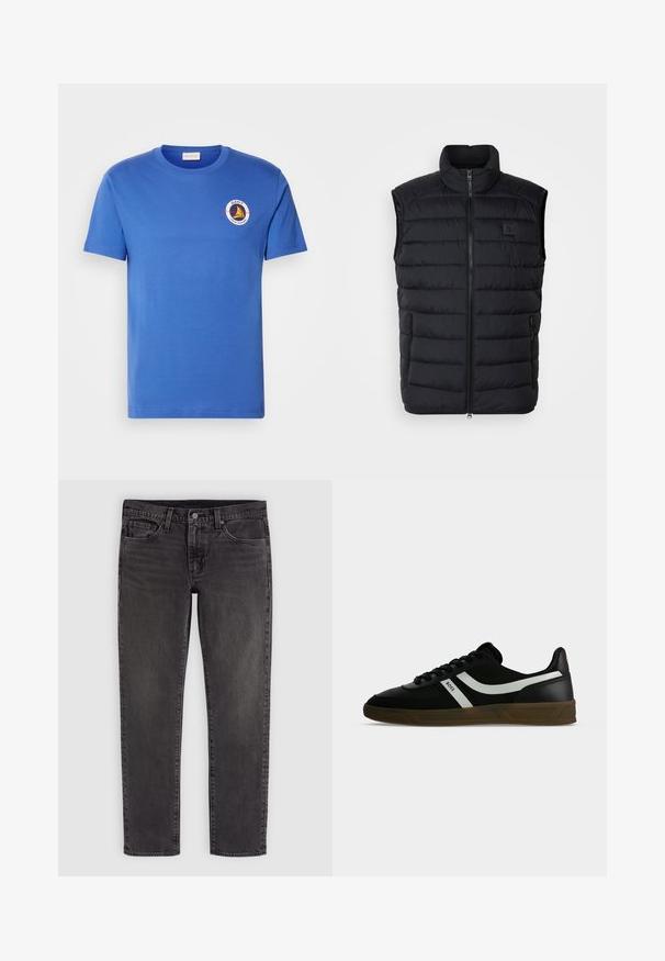 Sort fjervest med høj krave, lynlås foran og to sidelommer. Har syet quiltet mønster og et lille logo på brystet.; Blå bomulds t-shirt med korte ærmer, prydet med et rundt logo i hvid, gul og sort på venstre brystområde. Rund halsudskæring, normal pasform.; Sort denim jeans med lige ben, knap- og lynlåslukning, for- og baglommer samt bæltestropper.; Sort lavtop sneakers med brun sål, hvide sidestriber, sorte snørebånd og "BOSS" tekst på siden, vist fra det ydre profil.
