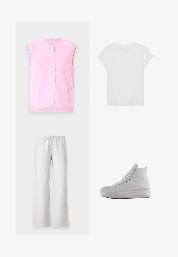 Roze fleecevest zonder mouwen, met ronde hals, drukknoopsluiting aan de voorkant en zijzakken. Zachte textuur en contrastkleurige biesdetails.; Witte t-shirt met korte mouwen, ronde hals, relaxte pasvorm, gemaakt van zacht katoen. Glad textuur, geen patronen of logo's.; Grijze sweatpants met een drawstring taille, rechte pijpen en een lichtroze zijstreep. Gemaakt van zachte, comfortabele stof.; Witte hoge canvas sneaker met witte veters, metalen oogjes, dikke rubberen zool en gestructureerde neuskap, naar links gericht op een witte achtergrond.