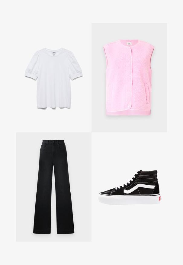 Roze fleecevest zonder mouwen, met ronde hals, drukknoopsluiting aan de voorkant en zijzakken. Zachte textuur en contrastkleurige biesdetails.; Witte top met korte mouwen, een ronde halslijn en pofmouwen. Gemaakt van een gladde stof en voorzien van een label met de tekst "AWARE."; Zwarte denim broeken met wijde pijpen en een strakke taille, voorzien van riemlussen, voor- en achterzakken, en een gladde textuur.; Zwarte high-top sneakers met witte veters, een wit logo en contrasterende witte stiksels. Heeft een dikke witte zool en een bovenwerk van gestructureerd suede.
