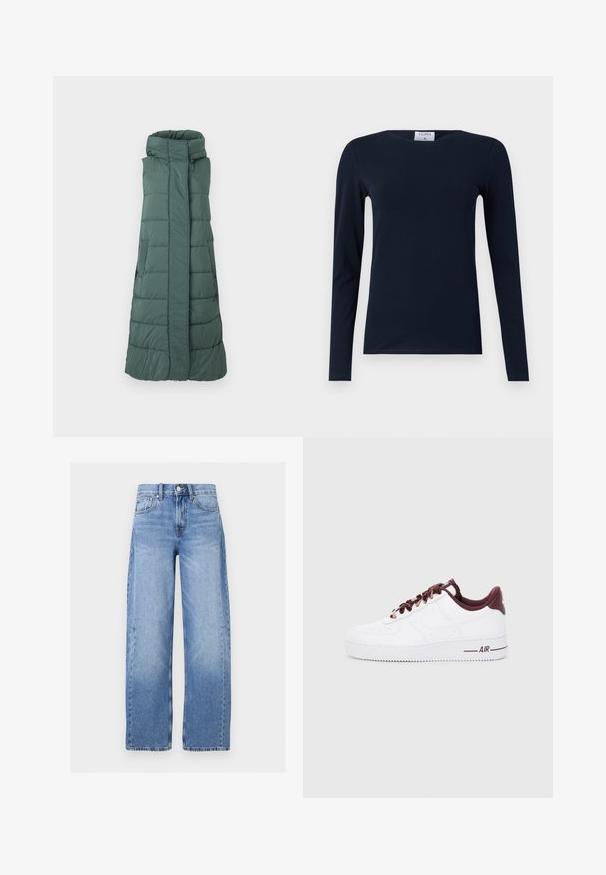 Polstret ærmeløs frakke i mørkegrøn, med høj krave, lodret lynlås og horisontalt syningsmønster for isolering.; Marine langærmet T-shirt lavet af blødt bomuld. Har en rund hals, slim fit og almindelig kant uden synlige mønstre eller accenter.; Høj talje, lyseblå denim jeans med vide ben, forreste knapper og lynlås, bæltestropper og fem-lomme-design.; Hvide læder sneakers med mørkerøde accenter, der har runde snørebånd, en polstret krave og teksturerede gummisåler. "AIR" trykt på siden.