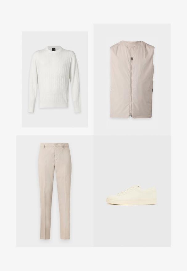 Veste beige sans manches avec une fermeture éclair à l’avant et un col rond, présentée à plat sur un fond clair.; Pull blanc à manches longues avec col rond, motif en losange tricoté et poignets et ourlet côtelés, présenté sur un fond uni.; Pantalon beige droit avec passants pour ceinture, fermeture avant dissimulée et plis sur le devant.; Baskets couleur crème avec une tige en cuir lisse, bout arrondi, laçage à l'avant et semelle en caoutchouc texturée. Design minimaliste, sans logo.