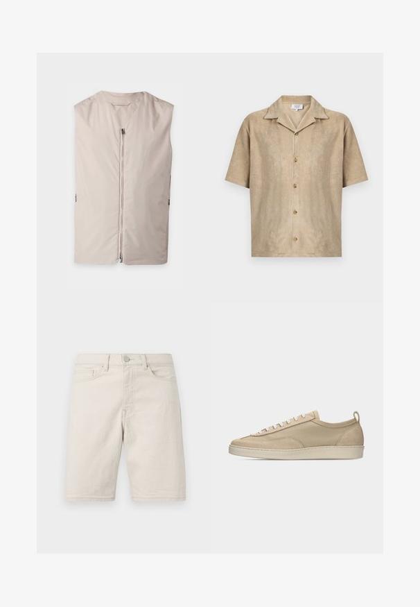 Veste beige sans manches avec une fermeture éclair à l’avant et un col rond, présentée à plat sur un fond clair.; Chemise beige à manches courtes avec col ouvert, quatre boutons sur le devant et tissu doux texturé par Maison Kitsuné.; Shorts en jean beige longueur genou avec bouton frontal, passants pour ceinture et design à cinq poches sur un fond clair.; Baskets beige basses avec tige en tissu et daim, lacets blancs, semelle en caoutchouc et languette à l'arrière, présentées en profil latéral sur fond blanc.