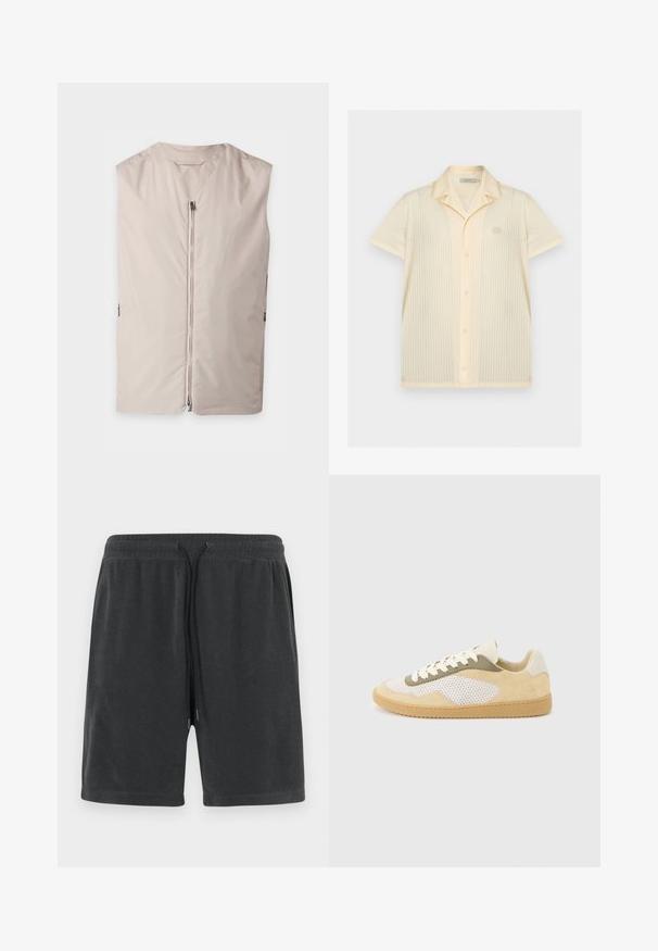 Veste beige sans manches avec une fermeture éclair à l’avant et un col rond, présentée à plat sur un fond clair.; Chemise crème à manches courtes avec boutons, col pointu et motif perforé vertical subtil, avec un petit logo brodé sur la poitrine gauche.; Shorts gris foncé en matériau doux, avec une taille élastique et un cordon de serrage aux embouts argentés. Design simple sans poches.; Baskets basses en daim beige, panneaux en maille blanche, accents olive, lacets blancs et semelle en caoutchouc naturel sur fond gris clair.