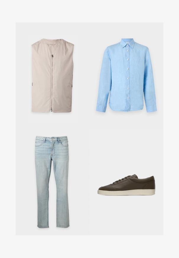 Veste beige sans manches avec une fermeture éclair à l’avant et un col rond, présentée à plat sur un fond clair.; Chemise en lin bleu clair à manches longues avec fermeture boutonnée devant et col classique, présentée sur fond blanc uni.; Jean en denim bleu clair avec une coupe droite, style classique cinq poches, fermeture par bouton et zip, présenté sur un fond uni.; Baskets basses en cuir marron foncé avec lacets sur le devant et semelle en caoutchouc couleur crème, vues de côté extérieur sur fond blanc.