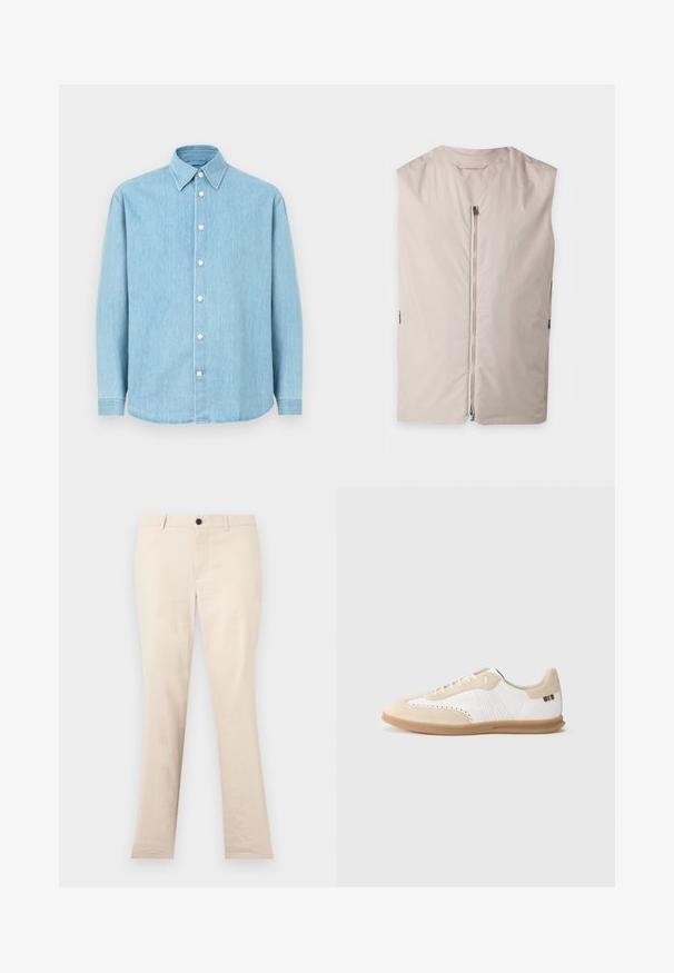Veste beige sans manches avec une fermeture éclair à l’avant et un col rond, présentée à plat sur un fond clair.; Chemise à manches longues en denim bleu clair avec col pointu et boutons blancs, présentée sur fond uni.; Pantalon beige à jambes droites avec passants de ceinture, bouton avant et fermeture éclair, présenté sur un fond clair uni.; Baskets blanches avec accents en daim beige clair, détails perforés, lacets plats et semelle en caoutchouc naturel. Présentent un logo rayé sur le talon.