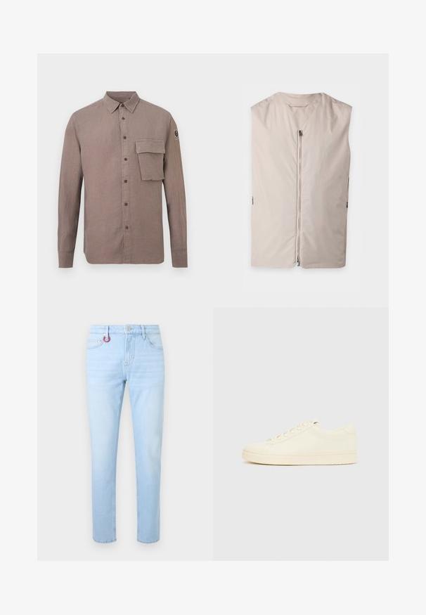Veste beige sans manches avec une fermeture éclair à l’avant et un col rond, présentée à plat sur un fond clair.; Chemise marron à manches longues avec boutons, col pointu, grande poche à rabat sur la poitrine gauche et petit logo sur la manche droite.; Jean droit bleu clair avec poches avant, passants pour ceinture, fermeture par bouton et un petit porte-clés rouge attaché au passant gauche.; Baskets couleur crème avec une tige en cuir lisse, bout arrondi, laçage à l'avant et semelle en caoutchouc texturée. Design minimaliste, sans logo.