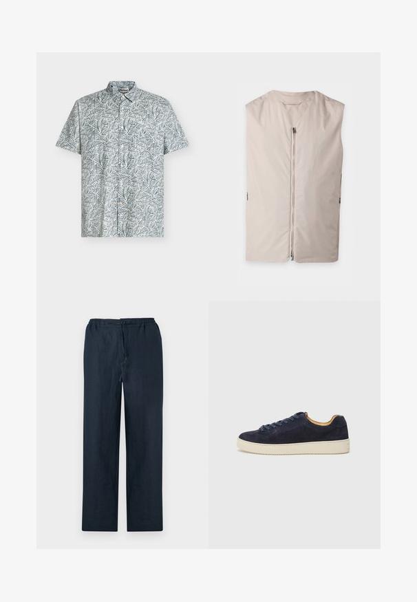 Veste beige sans manches avec une fermeture éclair à l’avant et un col rond, présentée à plat sur un fond clair.; Chemise à manches courtes boutonnée avec motif de feuilles vertes et grises et une poche poitrine avant, présentée sur fond blanc.; Pantalon bleu marine foncé droit avec taille élastique, fermeture boutonnée et fermeture éclair devant sur un fond uni clair.; Baskets basses en suede bleu marine avec bout arrondi, semelle en caoutchouc blanc cassé et lacets assortis ; dotées d'une doublure intérieure contrastante couleur tan.