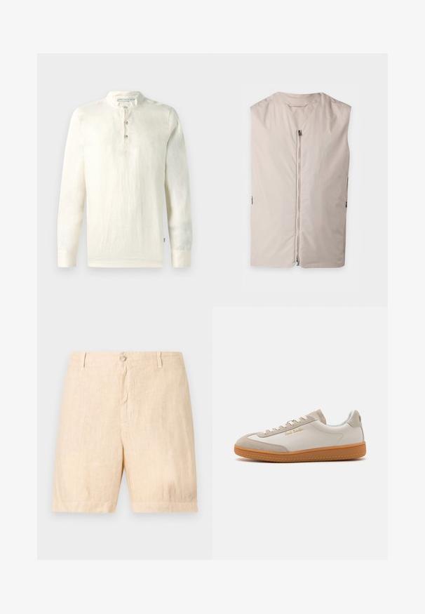 Ärmellose beige Weste mit vorderem Reißverschluss und rundem Ausschnitt, flach auf hellem Hintergrund dargestellt.; Langarmhemd aus leichtem Cremebaumwollstoff mit Stehkragen, dreiknöpfiger Knopfleiste und strukturiertem Finish.; Beige Leinen-Shorts mit flacher Vorderseite, Knopfverschluss und Seitentaschen. Die Textur ist leicht und leicht zerknittert.; Weiße und beigefarbene Low-Top-Sneaker mit Gummisohle, weißen Schnürsenkeln, Wildleder-Details und goldenem "Paul Smith"-Logo an der Seite.