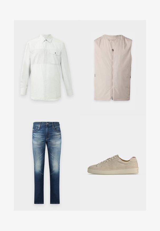 Chaleco beige sin mangas con cierre frontal de cremallera y cuello redondo, mostrado plano sobre un fondo claro.; Camisa blanca de manga larga con botones, con sutiles rayas verticales y un bolsillo en el pecho, abotonado, en el lado izquierdo.; Vaqueros de mezclilla azul con detalles descoloridos en muslos y rodillas, estilo clásico de cinco bolsillos y corte de pierna recta.; Zapatilla beige de ante de tacón bajo con cierre de cordones y suela gruesa de goma, mostrada de lado sobre un fondo blanco liso.