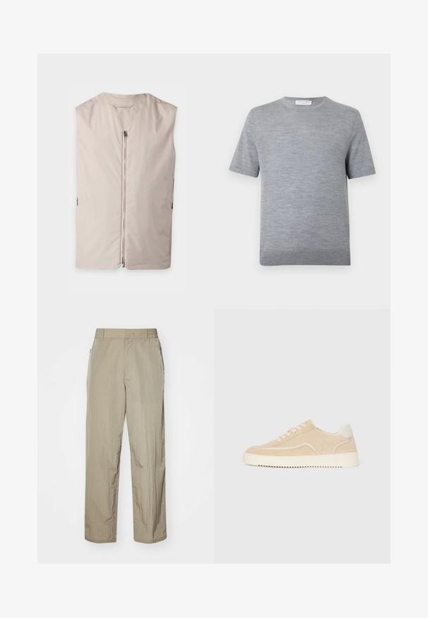 Ärmellose beige Weste mit vorderem Reißverschluss und rundem Ausschnitt, flach auf hellem Hintergrund dargestellt.; Hellgrauer Kurzarm-Strickpullover mit Rundhalsausschnitt und dezentem Rippenbund, Etikett "Tiger of Sweden 1903" innen am Kragen.; Beige leichte Hose mit lockerer Passform, ausgestattet mit einem elastischen Bund und seitlichen Taschen. Der Stoff wirkt strukturiert und leicht zerknittert.; Beige Wildlederschuh mit weißer Sohle und Schnürsenkeln, niedrig geschnittenes Design und Zickzackprofil auf der Sohle.