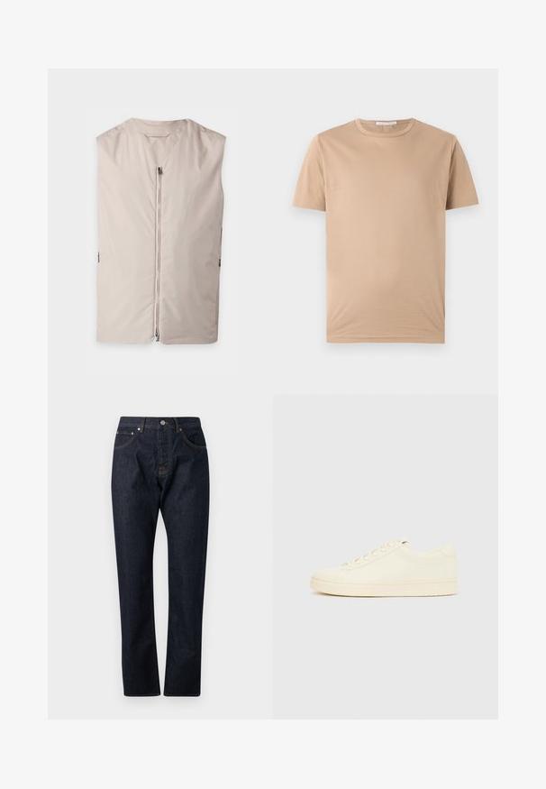Veste beige sans manches avec une fermeture éclair à l’avant et un col rond, présentée à plat sur un fond clair.; T-shirt beige à manches courtes avec col rond, ourlet droit et petite étiquette de marque à l'intérieur du col.; Jean en denim bleu foncé à jambes droites avec un design à cinq poches et fermeture à boutons, vu de face sur un fond clair.; Baskets couleur crème avec une tige en cuir lisse, bout arrondi, laçage à l'avant et semelle en caoutchouc texturée. Design minimaliste, sans logo.