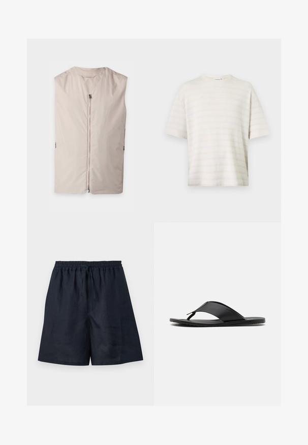 Veste beige sans manches avec une fermeture éclair à l’avant et un col rond, présentée à plat sur un fond clair.; Haut en tricot texturé crème à manches courtes avec de fines rayures horizontales et un col rond sur fond blanc uni.; Shorts bleu marine décontractés avec taille élastique et cordon, tissu léger, longueur genou et coupe droite.; Stuart Weitzman BASTIAN - Sandales tongs - black