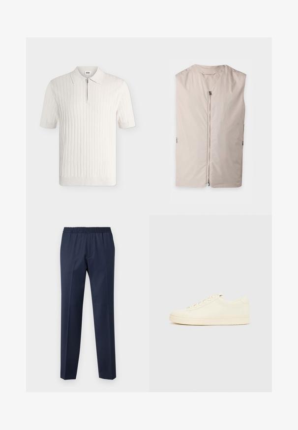 Veste beige sans manches avec une fermeture éclair à l’avant et un col rond, présentée à plat sur un fond clair.; Polo blanc en maille côtelée à manches courtes avec col et fermeture éclair devant sur fond uni.; Pantalon bleu marine avec une taille élastique, coupe droite, texture lisse, sans motifs visibles ni détails matériels.; Baskets couleur crème avec une tige en cuir lisse, bout arrondi, laçage à l'avant et semelle en caoutchouc texturée. Design minimaliste, sans logo.