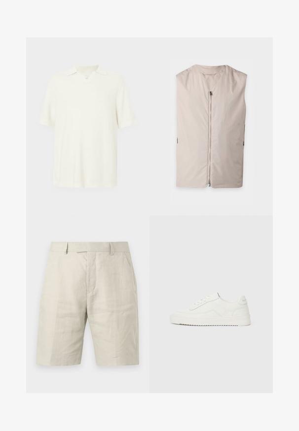 Ärmellose beige Weste mit vorderem Reißverschluss und rundem Ausschnitt, flach auf hellem Hintergrund dargestellt.; Kurzärmeliges Poloshirt in hellecreme Farbe, aus strukturiertem Stoff, mit V-Ausschnitt und klassischem Kragen.; Helle beige knielange Shorts mit Gürtelschlaufen, Fronttaschen und einem verdeckten Frontverschluss.; Weißer Low-Top-Lederschuh mit Schnürverschluss, strukturierter Fersenschlaufe und leicht gerillter weißer Gummisohle auf schlichtem hellem Hintergrund.