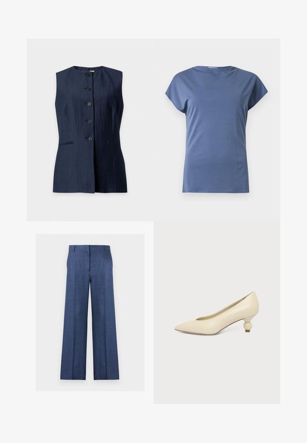 Gilet bleu marine sans manches avec encolure ronde, cinq boutons noirs sur le devant et deux petites poches horizontales.; T-shirt bleu à manches courtes avec col rond et coupe ample, présenté sur un fond clair uni.; Pantalon bleu à jambes larges, coupe sur mesure, avec passants de ceinture, pli à l'avant et fermeture avant dissimulée sur fond blanc.; Chaussure femme couleur crème à bout pointu avec un petit talon rond en forme de boule, sur fond uni.