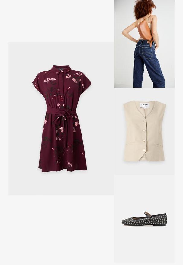 Beige vest med V-hals, fem knapper og sidelommer. Fremstillet af struktureret stof med en skræddersyet design.; Burgundy kortærmet kjole med lyserødt blomsterprint, krave og taljebånd på en ensfarvet hvid baggrund.; Sort læder flad sko med rund tå, der har en rem og sølvfarvede nitter jævnt fordelt over den øverste overflade.; Brun læder rygsæk med et unikt buet design. Båret diagonalt, parret med højlivet blå denimjeans med gul syning.