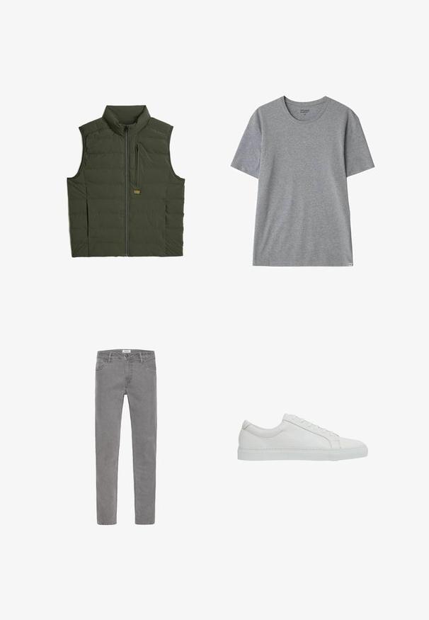 Olivgrüne Pufferweste mit hohem Kragen, Frontreißverschluss und einer Brusttasche. Mit gesteppten Paneelen für Isolierung und einem Logopatch.; Frank Dandy BAMBOO TEE - T-Shirt basic - grey melange; Graue Denim-Jeans mit geradem Schnitt. Ausstattung umfasst fünf Taschen, Gürtelschlaufen und einen vorderen Knopfverschluss. Glatte Textur, minimalistisches Design.; Reiss REGULAR FIT - LUCA TUMBLED - Sneaker low - white