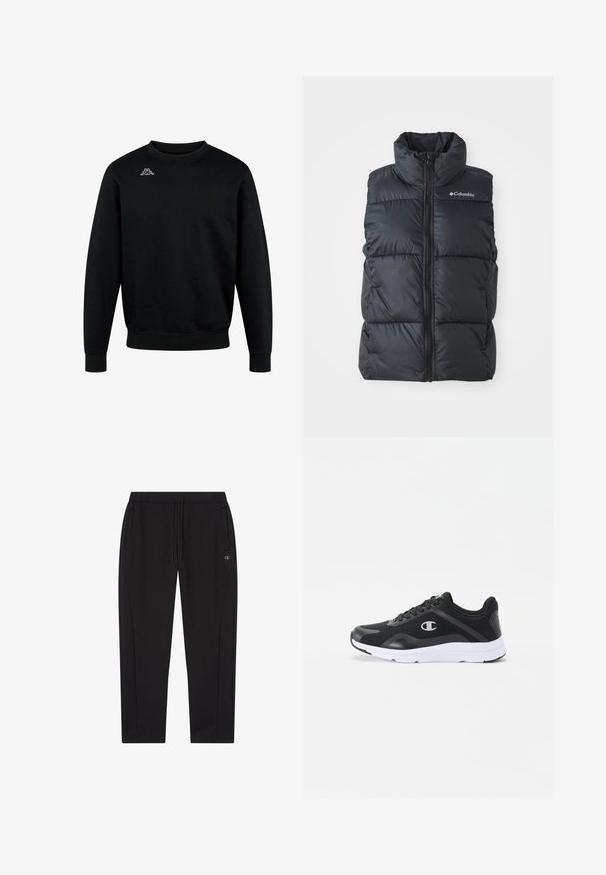 Schwarze Steppweste mit hohem Kragen, Frontreißverschluss und Seitentaschen. Strukturierte, steppdesign mit Columbia-Logo auf der Schulter.; Schwarzes Sweatshirt mit Rundhalsausschnitt, langen Ärmeln und kleinem weißen Kappa-Logo auf der oberen linken Brust.; Schwarze Jogginghosen aus weichem Stoff mit elastischem Bund und Kordelzug sowie zwei seitlichen Taschen. Logo auf dem linken Oberschenkel.; Schwarze Sportschuhe mit einem Mesh-Obermaterial, weißer Gummisohle und einem einfarbigen Logo an der Seite. Mit einer gepolsterten Kragen für zusätzlichen Halt geschnürt.