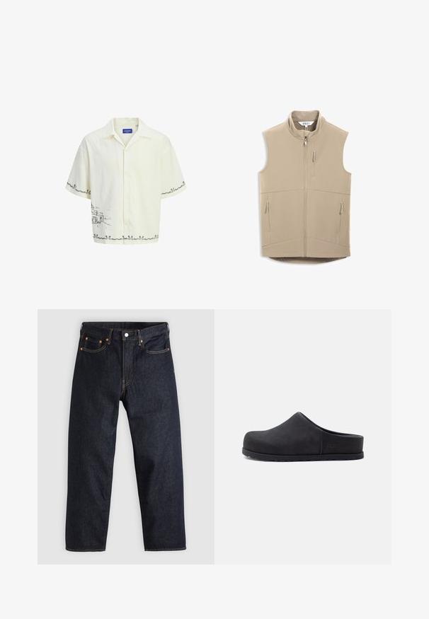 Veste sans manches beige à fermeture éclair avec col montant et trois poches zippées, conçue pour une utilisation en extérieur ou décontractée.; Chemise à manches courtes de couleur crème claire avec un col, arborant un motif de croquis gris sur le devant et des détails de bordure décoratifs.; Jean en denim bleu foncé avec une coupe droite, cinq poches, des coutures orange contrastantes et une fermeture à boutons. Pas de motifs ou d'ornements visibles.; Sabot noir à enfiler, à bout fermé et dos ouvert, avec une semelle plate et un logo de marque discret sur le côté.