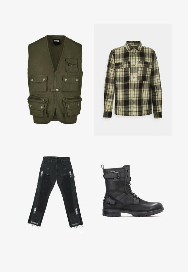 Olijfgroene vest van stof, met een rits aan de voorkant, meerdere voortassen en drukknoopsluitingen. Geen mouwen, praktisch ontwerp voor dagelijks gebruik.; Only & Sons ONSSCOTT CHECK OVERSHIRT - Overhemd - black; Zwarte spijkerbroek van denim met gescheurde patches, franje aan de onderkant en textuurelementen. Middelhoge taille met een standaard vijf-pocket ontwerp.; Kazar HEARD - Cowboy-/Bikerlaarsjes - black