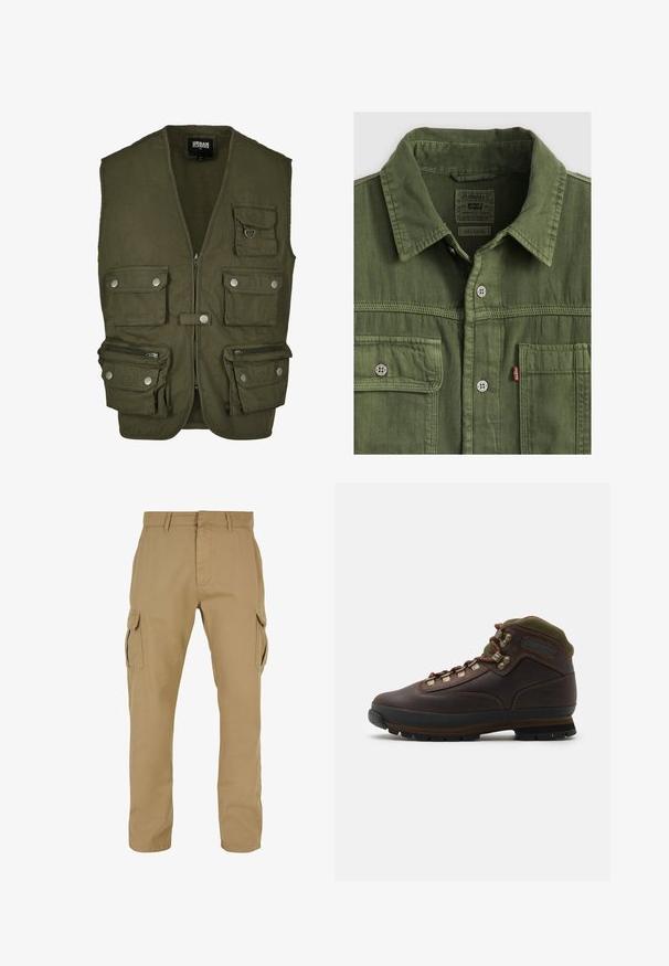 Chaleco verde oliva hecho de tela, con cierre delantero de cremallera, múltiples bolsillos frontales y cierres a presión. Sin mangas, diseño práctico para uso utilitario.; Camisa Levi's de ajuste relajado en verde oliva, con botones metálicos, dos bolsillos en el pecho y un cuello clásico.; Pantalones cargo beige con dos bolsillos laterales, diseño de pierna recta, hechos de tela duradera, con detalles de costura y presillas para el cinturón.; Bota de senderismo de piel marrón con cuello de tela verde. Presenta ganchos metálicos para los cordones, suela de goma y un diseño texturizado en la suela para mayor tracción.