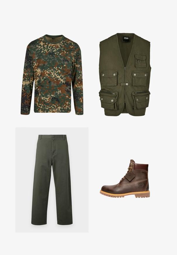 Olivgrüner Weste aus Stoff, mit Reißverschluss vorne, mehreren Vordertaschen und Druckknopfverschlüssen. Ohne Ärmel, praktisches Design für den Einsatz im Freien.; Langärmliges Camouflage-T-Shirt in Grün, Braun und Beige mit einem runden Ausschnitt. Es verfügt über ein gemischtes Muster aus unregelmäßigen Flecken und Texturen.; Grüne Baumwollhose mit geradem Schnitt, mit Knopfverschluss vorne und seitlichen Taschen. Glatte Textur, einfacher Stil und keine sichtbaren Muster.; Braune Leder-Ankelstiefel mit runder Zehenpartie, robuster Sohle, goldfarbener Hardware und strukturiertem Obermaterial. Enthält ein angehängtes Logo-Tag.