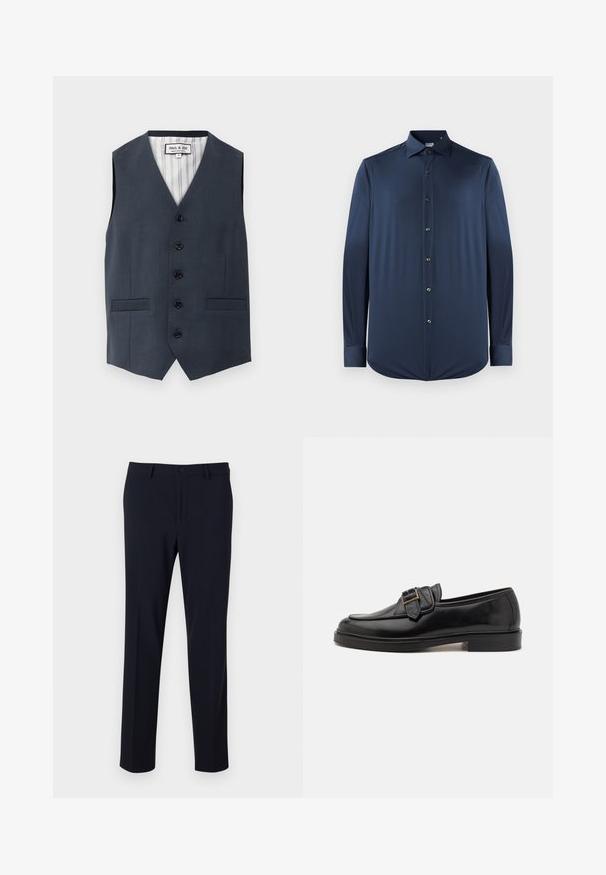 Marineblauwe op maat gemaakte gilet met v-hals, zes knopen, twee voorzakken, verticale gestreepte voering en een gladde stoftextuur.; Marineblauwe longsleeve shirt van gladde stof, met een puntige kraag, een knoopsluiting aan de voorkant en manchet met afgeronde zoom.; Marineblauwe broeken met een gladde textuur, recht gesneden ontwerp, knoopsluiting en zijzakken; ontworpen voor een getailleerde pasvorm.; Zwarte leren instappers met een ronde neus en een decoratieve gesp. Platte, stevige hak en een gladde textuur overal.