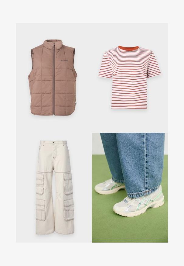 Brun quiltet ærmeløs vest med lynlås foran og stående krave, med Columbia-logo på venstre bryst.; Hvid T-shirt med korte ærmer med vandrette rust-orange striber og en solid rust-orange rund halsudskæring.; Beige cargo bukser lavet af slidstærkt stof, med flere sidelommer og kontrastsyninger, i en vid ben design og knaplukning.; Hvide og sølvfarvede mesh sneakers med grønne accenter, båret med løse blå jeans, stående på et grønt tæppe.