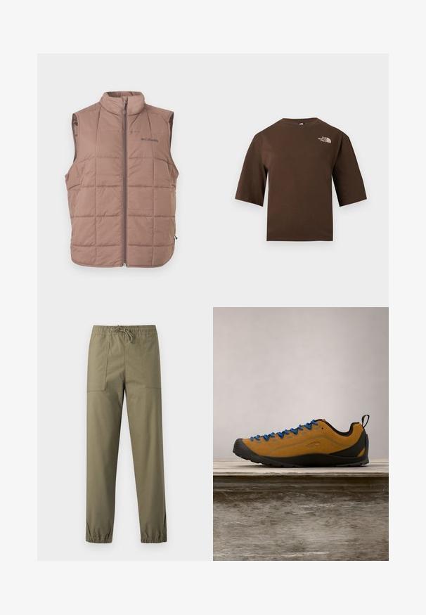Brun quiltet ærmeløs vest med lynlås foran og stående krave, med Columbia-logo på venstre bryst.; Brun t-shirt med korte ærmer og rund hals samt The North Face-logo i hvidt trykt på øverste venstre bryst.; Olivengrønne bukser lavet af et glat stof med elastisk taljebånd, justerbar snor og elastiske manchetter ved anklerne.; Brun ruskind udendørs sko med blå snørebånd, sort gummisål og et strømlinet design. Har en bageste pull-tab for nem påtagning.