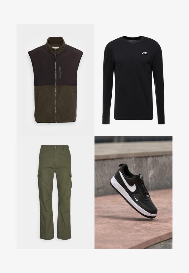 Ærmeløs lynlåsvest i sort og olivengrøn, med høj krave, front lynlåslomme og blødt fleece materiale. Struktureret tofarvet design.; Sort langærmet T-shirt lavet af bomuld, med rund hals, ribbede manchetter og et lille hvidt Nike-logo på brystet.; Cargo bukser i mørke olivengrøn med flere sidelommer, lige snit og et slidstærkt stof med en tekstureret overflade.; Sort-hvid Nike Air Force 1 sneaker svævende over en lyserød betonflade med en grå stenbaggrund.